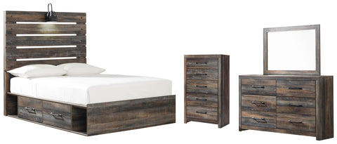 Drystan Panel Bed with 2 Storage Drawers with Mirrored Dresser and Chest