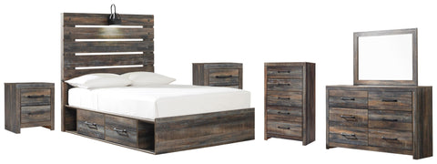 Drystan Panel Bed with 2 Storage Drawers with Mirrored Dresser, Chest and 2 Nightstands