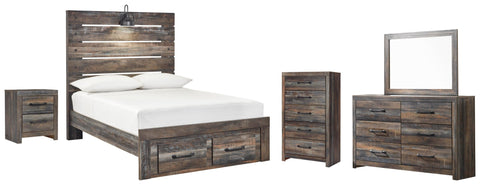 Drystan Panel Bed with 2 Storage Drawers with Mirrored Dresser, Chest and Nightstand