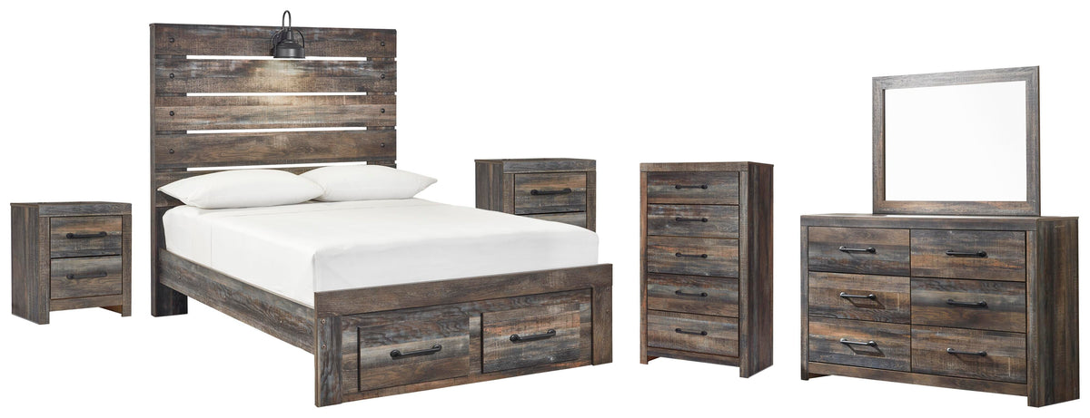 Drystan Panel Bed with 2 Storage Drawers with Mirrored Dresser, Chest and 2 Nightstands
