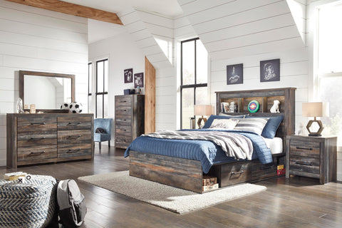 Drystan Bookcase Bed with 4 Storage Drawers with Mirrored Dresser, Chest and 2 Nightstands