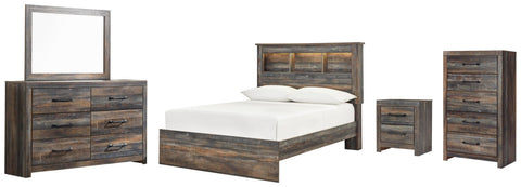 Drystan Bookcase Panel Bed, Dresser, Mirror Chest and Nightstand