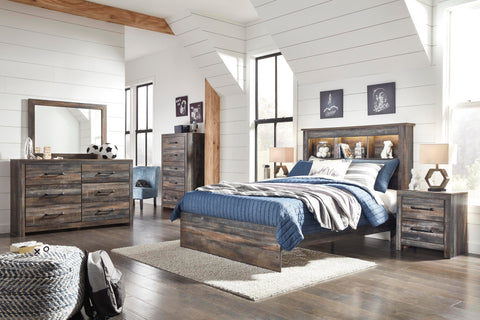 Drystan Bookcase Panel Bed, Dresser, Mirror Chest and Nightstand