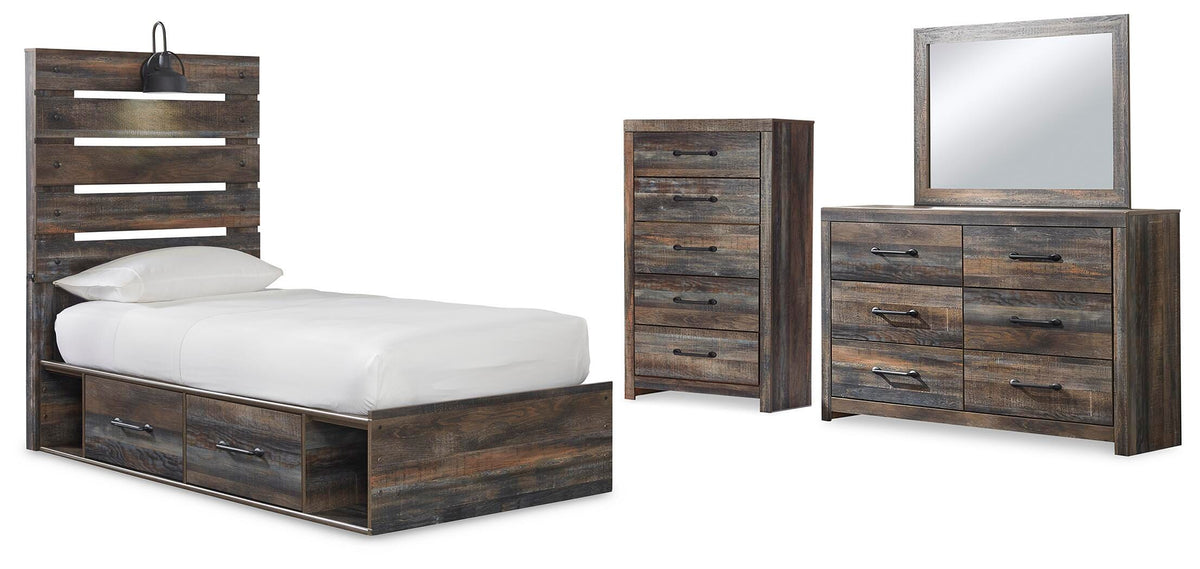 Drystan Panel Bed with Storage, Dresser, Mirror and Chest
