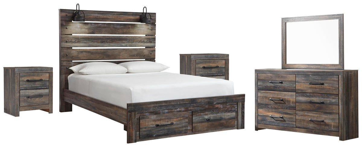 Drystan Panel Bed with 2 Storage Drawers with Mirrored Dresser and 2 Nightstands