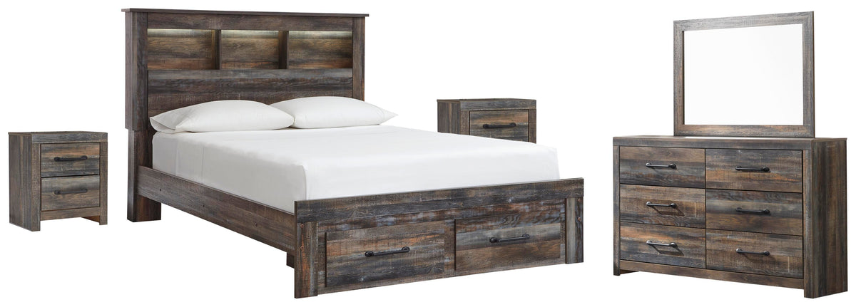 Drystan Bookcase Bed with 2 Storage Drawers with Mirrored Dresser and 2 Nightstands