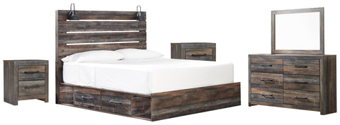 Drystan Panel Bed with 4 Storage Drawers, Dresser, Mirror and 2 Nightstands