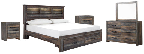 Drystan Bookcase Bed with 2 Storage Drawers with Mirrored Dresser and 2 Nightstands