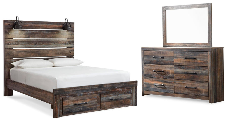 Drystan Panel Bed with 2 Storage Drawers with Mirrored Dresser