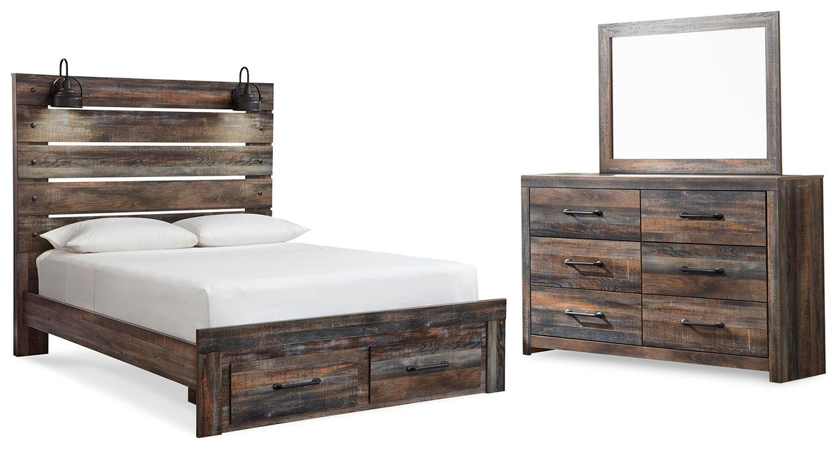 Drystan Panel Bed with 2 Storage Drawers with Mirrored Dresser
