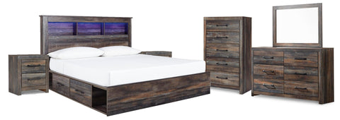 Drystan Bookcase Bed with 4 Storage Drawers with Mirrored Dresser, Chest and 2 Nightstands