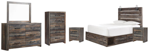Drystan Panel Bed with 2 Storage Drawers with Mirrored Dresser, Chest and 2 Nightstands