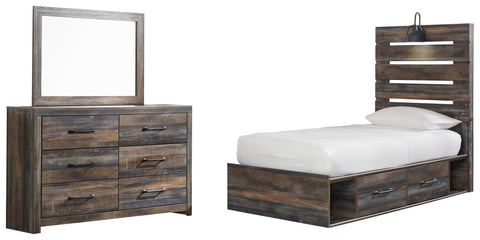 Drystan Panel Bed with 4 Storage Drawers with Mirrored Dresser