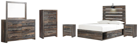 Drystan Panel Bed with 4 Storage Drawers with Mirrored Dresser, Chest and 2 Nightstands