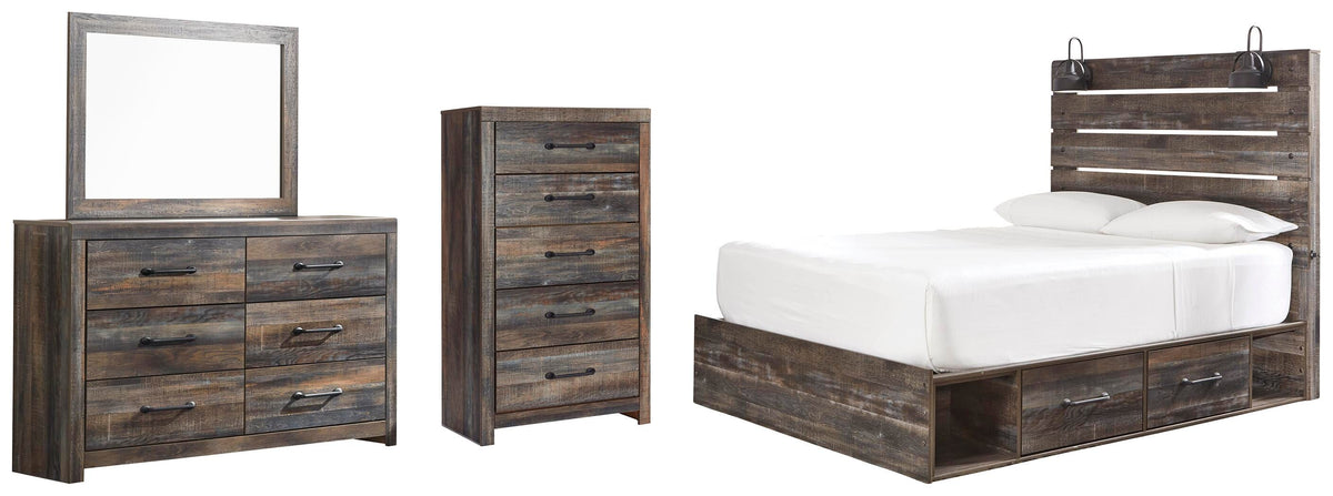 Drystan Panel Bed with 4 Storage Drawers, Dresser, Mirror and Chest