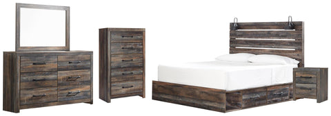 Drystan Panel Bed with 2 Storage Drawers with Mirrored Dresser, Chest and Nightstand