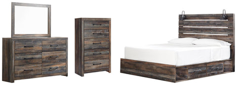 Drystan Panel Bed with 2 Storage Drawers with Mirrored Dresser and Chest