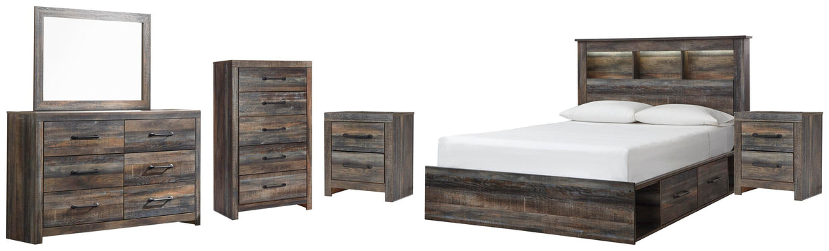 Drystan Bookcase Bed with 2 Storage Drawers, Dresser, Mirror, Chest and 2 Nightstands