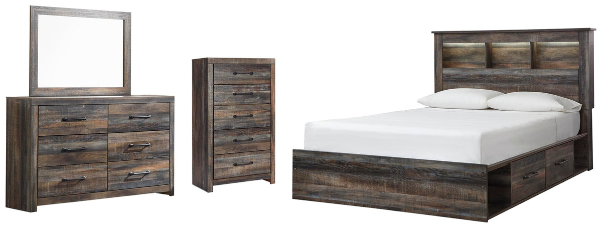 Drystan Bookcase Bed with 2 Storage Drawers, Dresser, Mirror and Chest