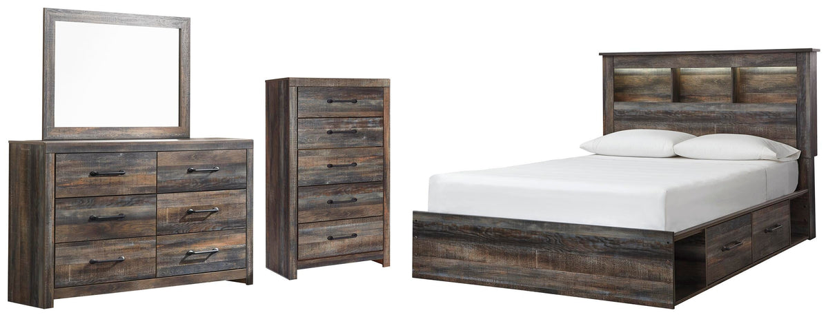 Drystan Bookcase Bed with 4 Storage Drawers, Dresser, Mirror and Chest