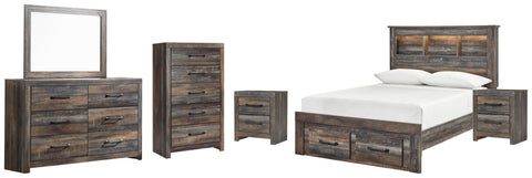 Drystan Bookcase Bed with 2 Storage Drawers with Mirrored Dresser, Chest and 2 Nightstands
