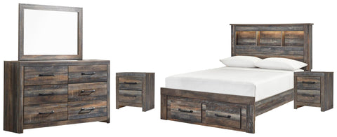 Drystan Bookcase Bed with 2 Storage Drawers with Mirrored Dresser and 2 Nightstands
