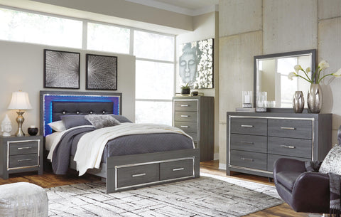 Lodanna Panel Bed with 2 Storage Drawers with Mirrored Dresser and Chest