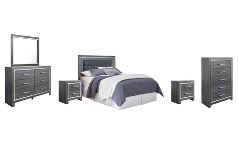 Lodanna Upholstered Panel Headboard with Mirrored Dresser, Chest and 2 Nightstands