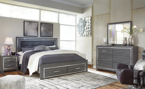 Lodanna Upholstered Panel Storage Bed, Dresser, Mirror, and Nightstand