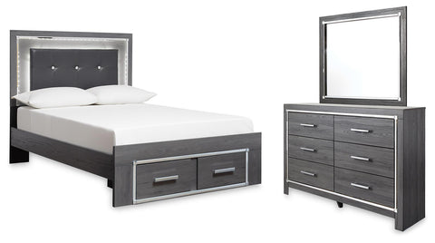Lodanna Upholstered Panel Storage Bed, Dresser and Mirror