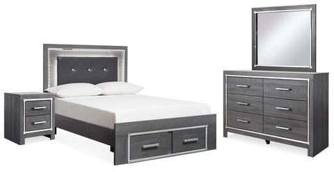 Lodanna Upholstered Panel Storage Bed, Dresser, Mirror, and Nightstand