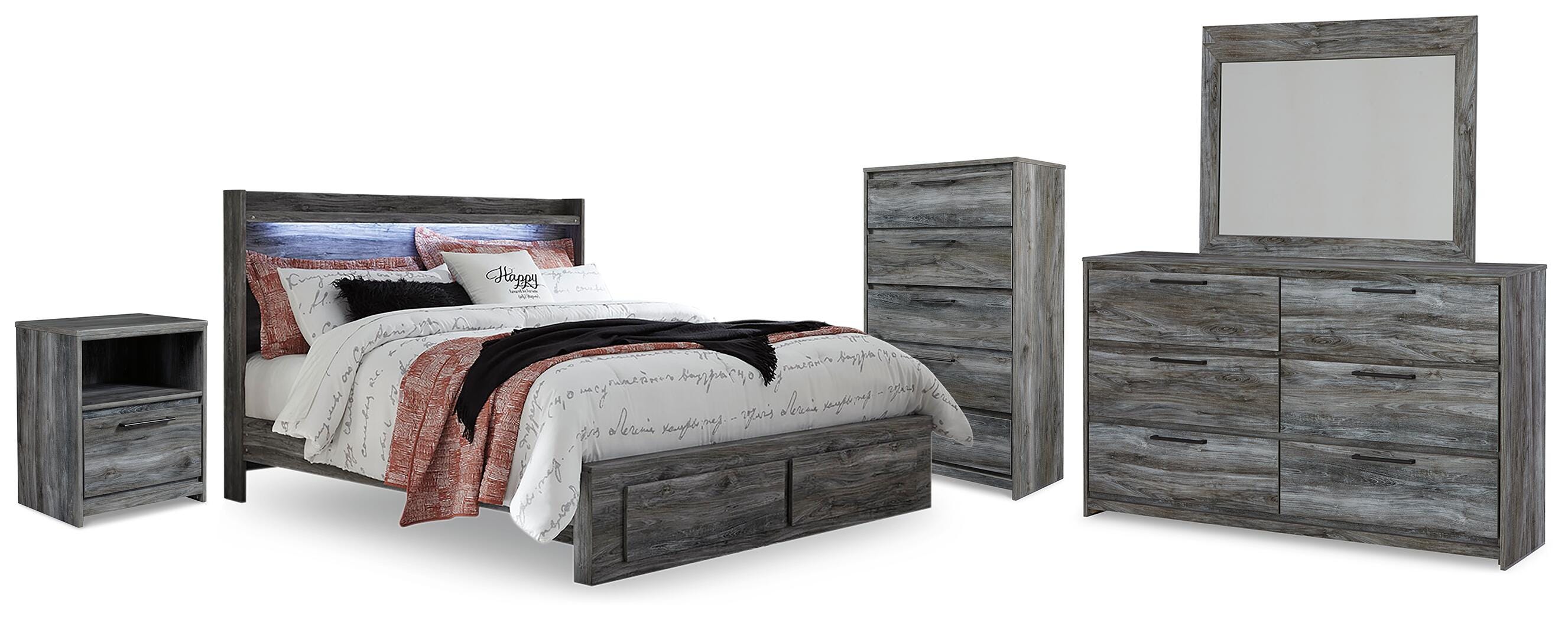Baystorm Panel Storage Bed, Dresser, Mirror, Chest and Nightstand