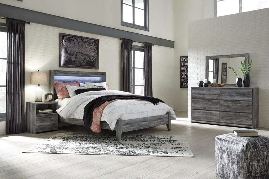Seagrant Panel Bed with Mirrored Dresser and Nightstand