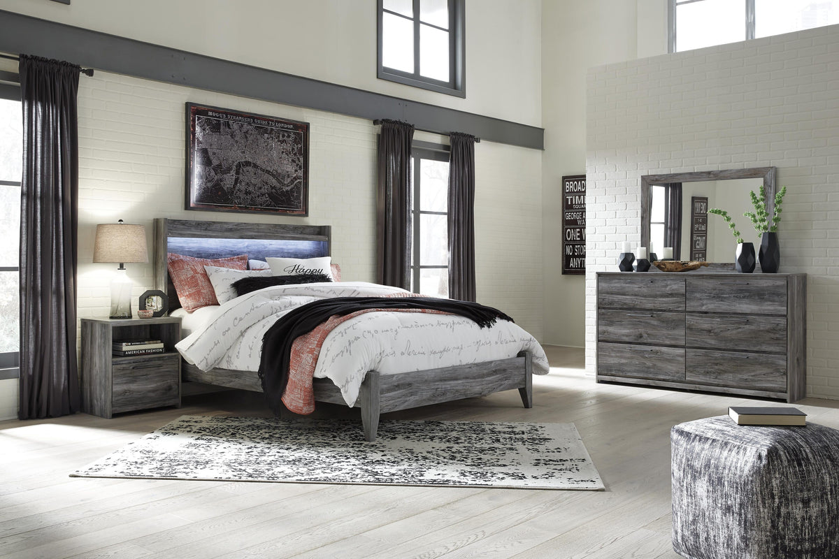 Seagrant Panel Bed with Mirrored Dresser and Nightstand