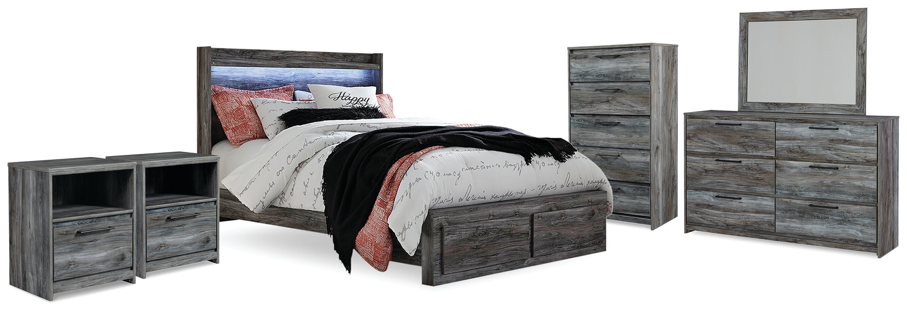 Baystorm Panel Storage Bed, Dresser, Mirror, Chest and 2 Nightstands