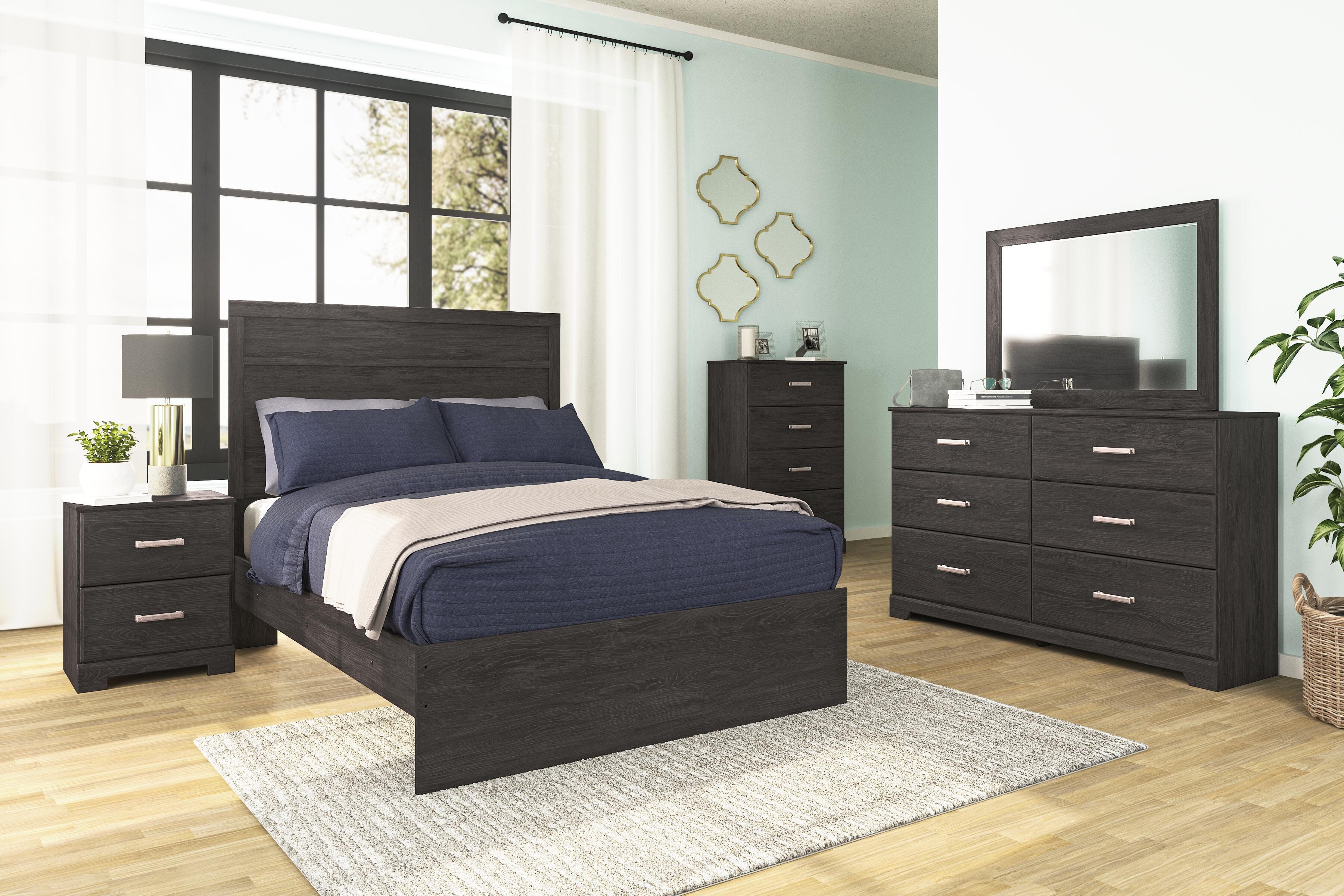 Belachime Panel Bed with Mirrored Dresser and Chest