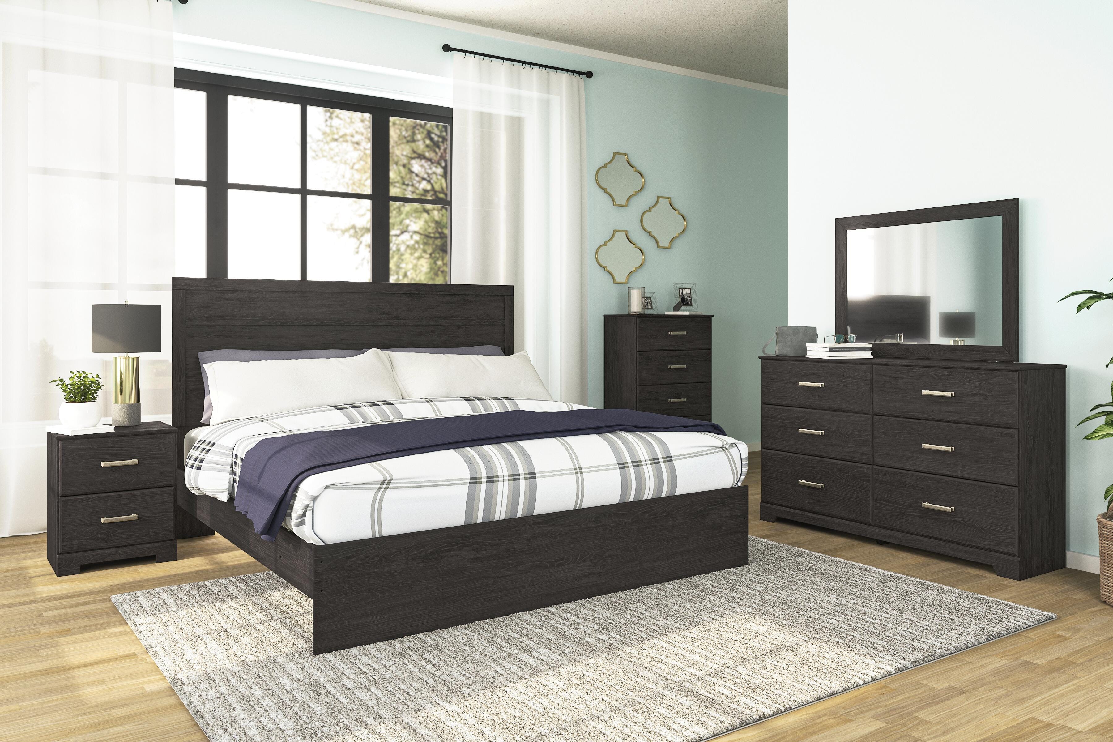 Belachime Panel Bed with Mirrored Dresser and Chest