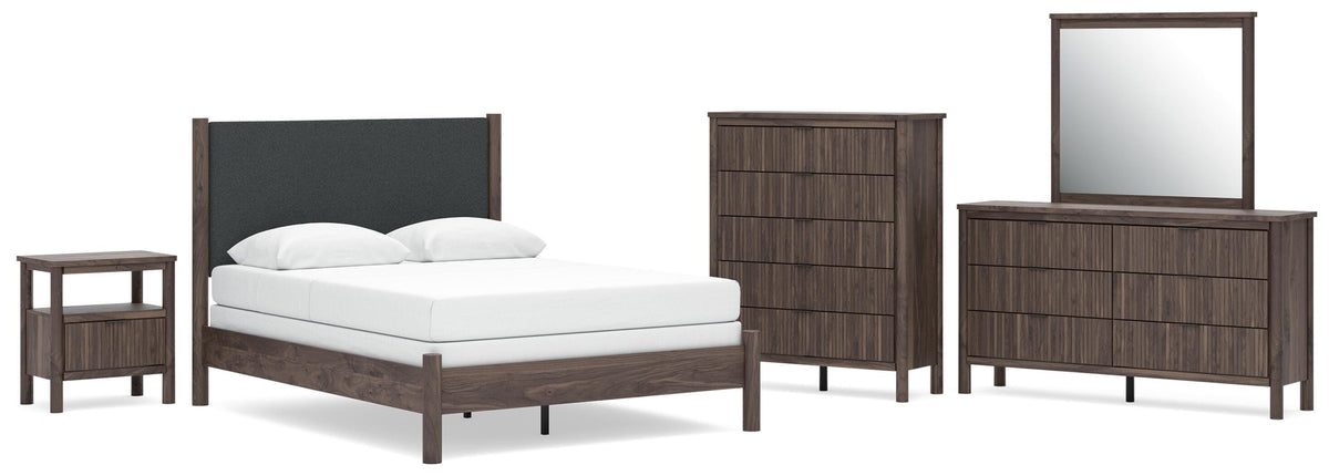 Pamytta Upholstered Panel Bed, Dresser, Mirror, Chest and Nightstand