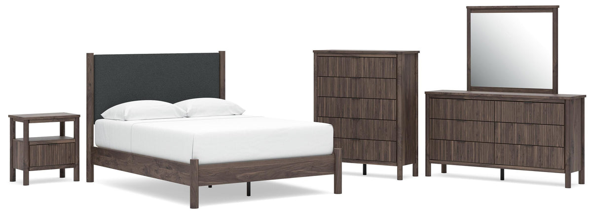 Pamytta Upholstered Panel Platform Bed, Dresser, Mirror, Chest and Nightstand
