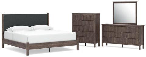 Pamytta Upholstered Panel Platform Bed, Dresser, Mirror and Chest