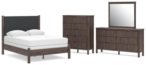 Pamytta Upholstered Panel Bed, Dresser, Mirror and Chest