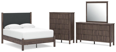Pamytta Upholstered Panel Platform Bed, Dresser, Mirror and Chest