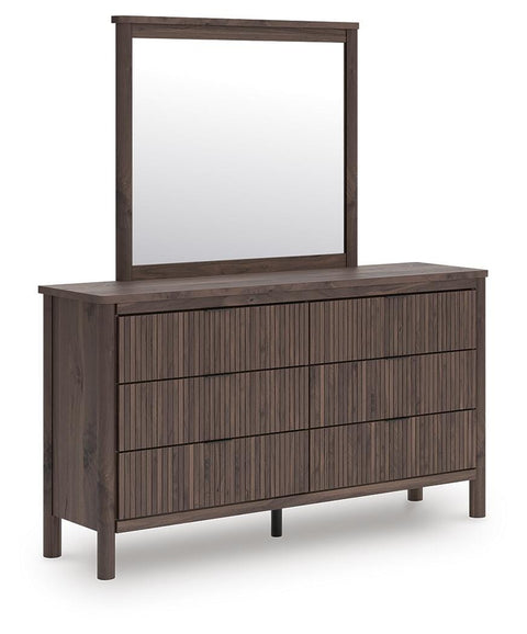 Pamytta Upholstered Panel Platform Bed, Dresser, Mirror and Chest