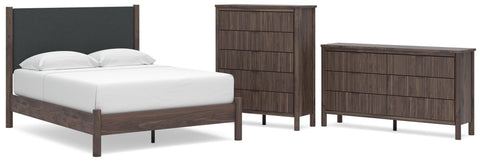 Pamytta Upholstered Panel Platform Bed, Dresser and Chest