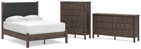Pamytta Upholstered Panel Platform Bed, Dresser and Chest