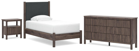 Pamytta Upholstered Panel Platform Bed, Dresser and Nightstand
