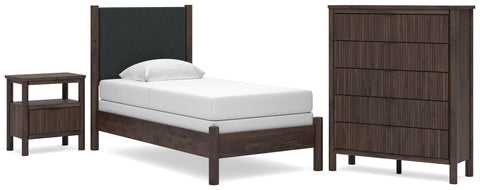 Pamytta Upholstered Panel Bed, Dresser, Mirror and Nightstand