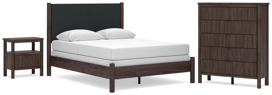 Pamytta Upholstered Panel Bed, Dresser, Mirror and Nightstand
