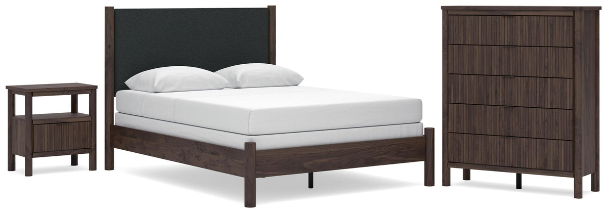 Pamytta Upholstered Panel Bed, Dresser, Mirror and Nightstand
