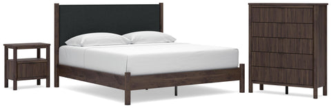 Pamytta Upholstered Panel Platform Bed, Chest and Nightstand
